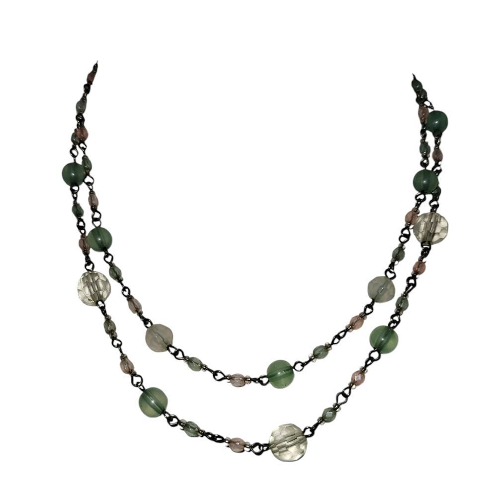 Vintage Green and clear beaded costume necklace 19"